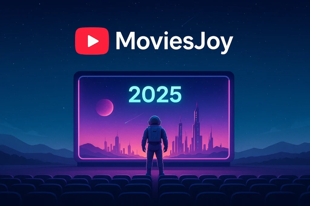 Futuristic cinema concept art featuring an astronaut standing before a glowing movie screen displaying “2025” with a neon-lit city skyline in the background, under a starry sky, representing MoviesJoy’s vision for upcoming releases.