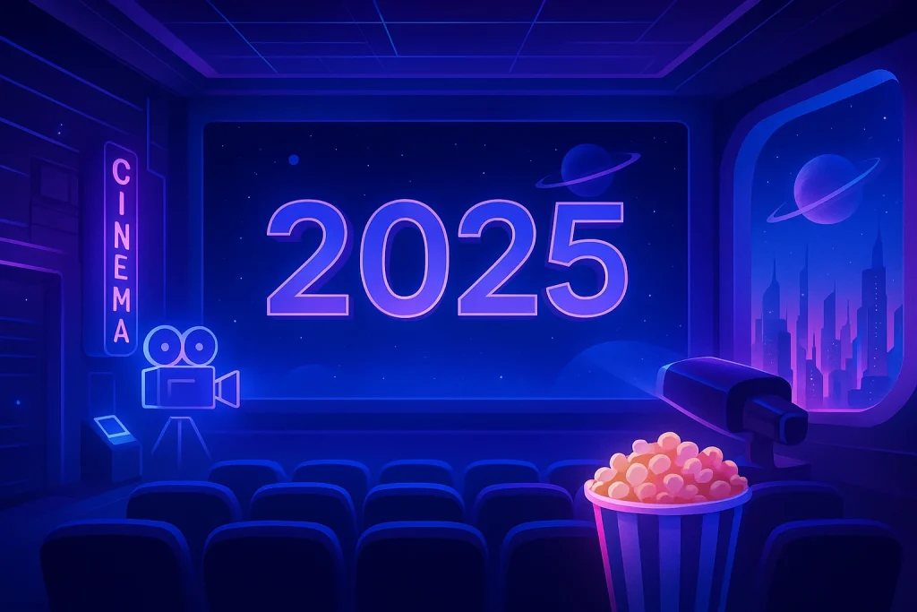 A neon-lit futuristic city filled with holographic movie billboards and digital theaters promoting 2025 releases, evoking the excitement of browsing new films on MoviesJoy.