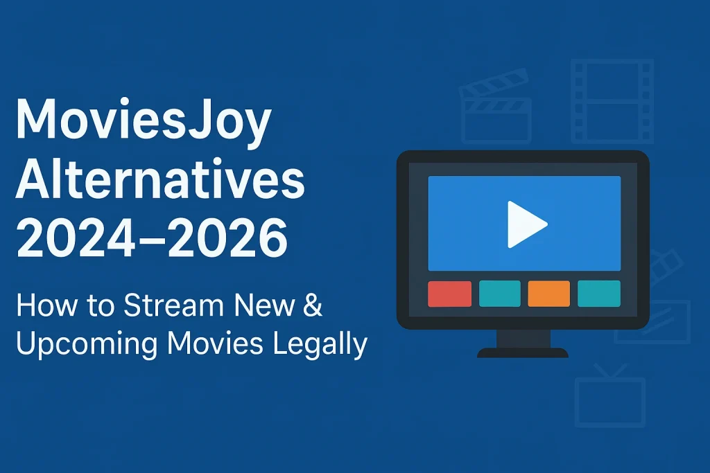 A futuristic cinema with holographic screens and glowing lights showcasing upcoming 2025 movie releases, similar to what users might explore on MoviesJoy’s streaming platform.